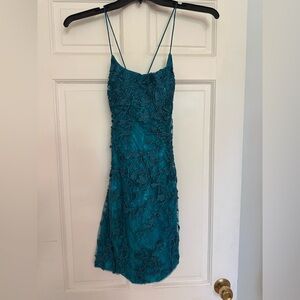 Amazon Teal Lace Dress with Floral Design